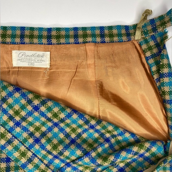 60’s Pendleton Wool Plaid 2Pc Coat Skirt Set Green, Blue, Beige Sz14 EUC - Picture 8 of 9